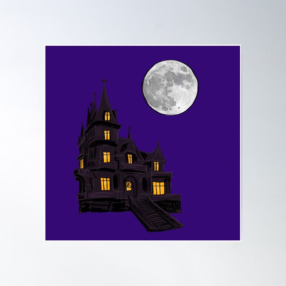 Haunted House With Full Moon Poster Wall Art, Modern Wall Decor, 30x30 UNFRAMED