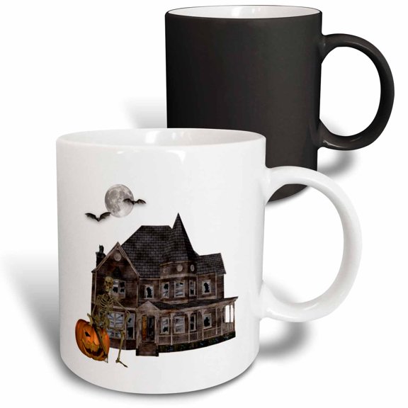 3drose, Haunted House with Skeleton Jack O Lantern and Full Moon, 11oz Magic Transforming Mug