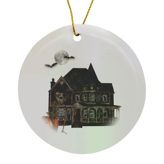 3drose, Haunted House with Skeleton Jack O Lantern and Full Moon, Circle Porcelain Ornament