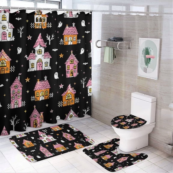 Haunted Houses Halloween Bathroom Shower Curtain Sets,4 Pcs Waterproof Fabric Shower Curtain 72"x72" with Non-Slip Flannel Bath Mat, U-Shaped Rug and Toilet Lid Cover for Bathroom Decor