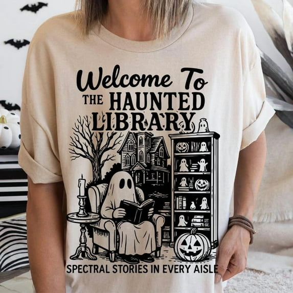 Haunted Library Shirt, Spooky Halloween Book Lover Shirt, Ghost Reading Shirt, Pumpkin Graveyard Shirt For Shirt, Haunted Shirt, Halloween