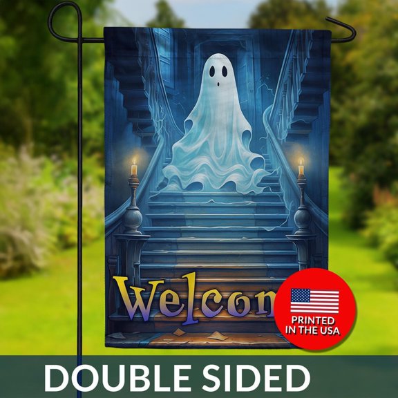 Haunted Mansion Ghost Welcome Flag Double Sided Halloween Decor