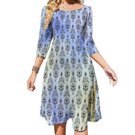 Haunted Mansion Watercolor Flare Dress Square Neck Dress Elegant Female Fashion Printed Dress