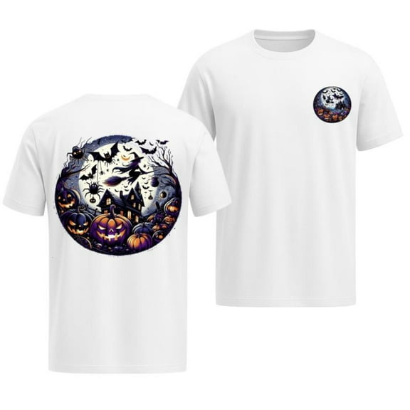 Haunted Night Graphic Tee Flying Witch Jack O Lanterns Design Halloween Trick Or Treat T-Shirt Top White S-5XL