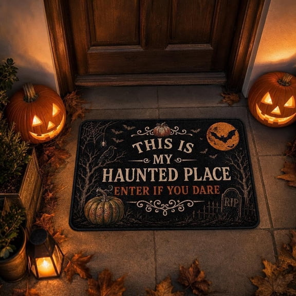 This is My Haunted Place – Enter If You Dare Halloween Door Mat, Gothic Bat Pumpkin Doormat Spooky Front Door Welcome Mat, Halloween Rug Decor for Porch, Entryway, Indoor and Outdoor