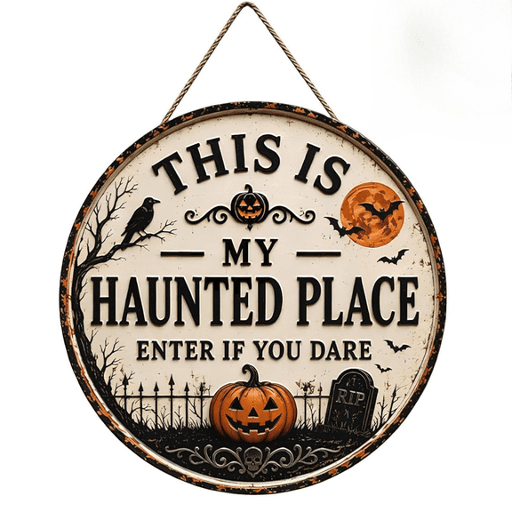 This Is My Haunted Place Halloween Door Sign, Rustic Front Porch Decor, Spooky Pumpkin Crow Bat Moon Hanging Plaque, Weather Resistant Spooky Entryway Ornament for Halloween (A)