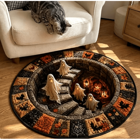 Haunted Staircase Round Rug, Halloween Optical Illusion Area Mat with Ghost Skeleton Pumpkin, Non-Slip Soft Carpet for Living Room Entryway Indoor