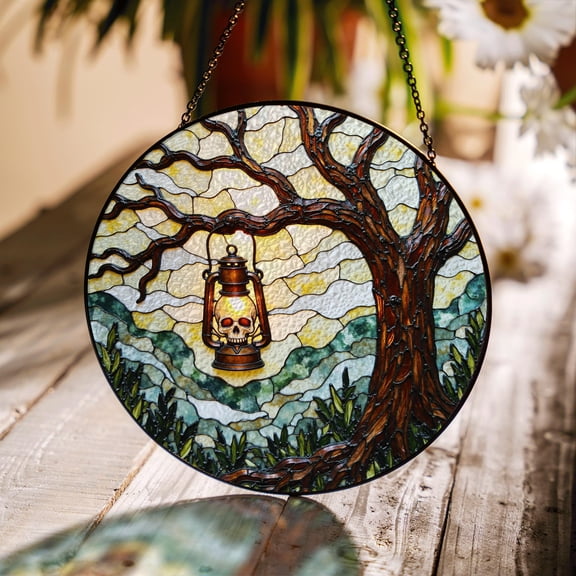 Haunted Tree Skull Lantern Stained Glass Suncatcher, Creepy Gothic Window Hanging, Halloween Gift for Horror Fans