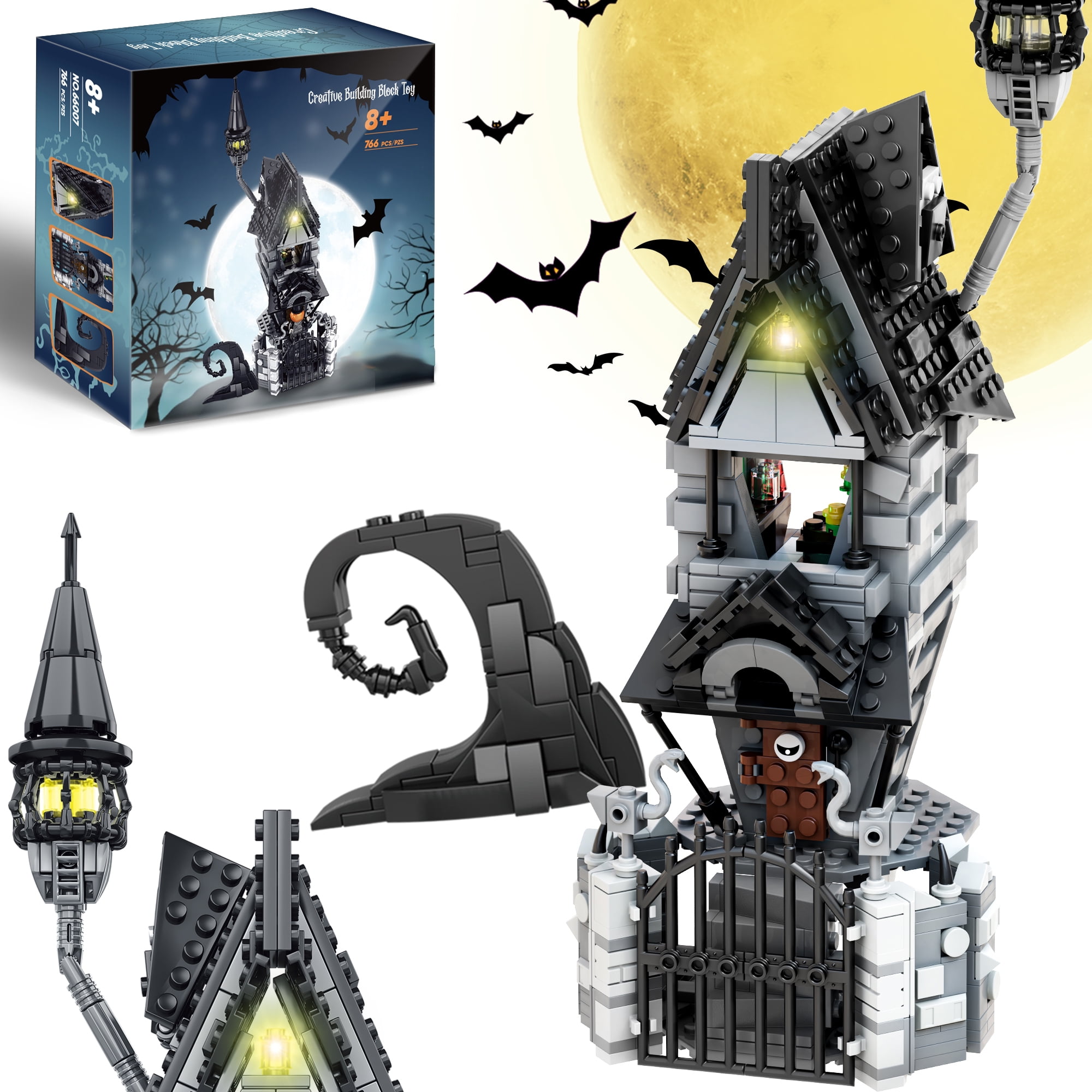 Haunted Village House Compatible with Lego Halloween Christmas Haunted Building Blocks Set with Led Light 2 Minifigures Creative Festival Toy Kit