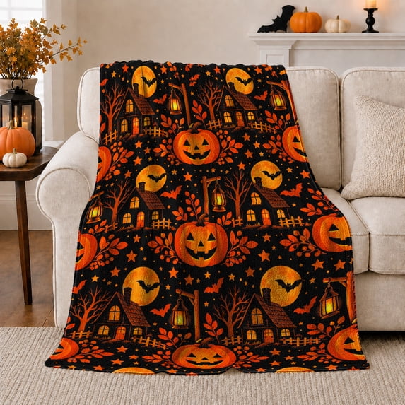 Haunted Village autumn celebration Pumpkin Pattern Festive Autumn Cartoon, Warm Flannel Blanket for Living Room and Family Room, Festive autumn celebration Scene, Art Lovers autumn celebration Gift
