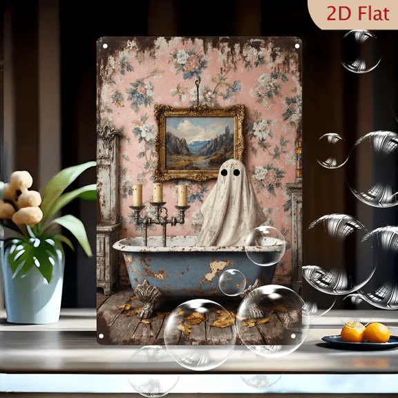 Haunted Vintage Bathroom Wall Art, 8x12 Inches Metal Tin Sign, Eerie Ghost in Clawfoot Tub, Peeling Floral Wallpaper, Rustic Decay Home Decor for Kitchen, Bar, Man Cave