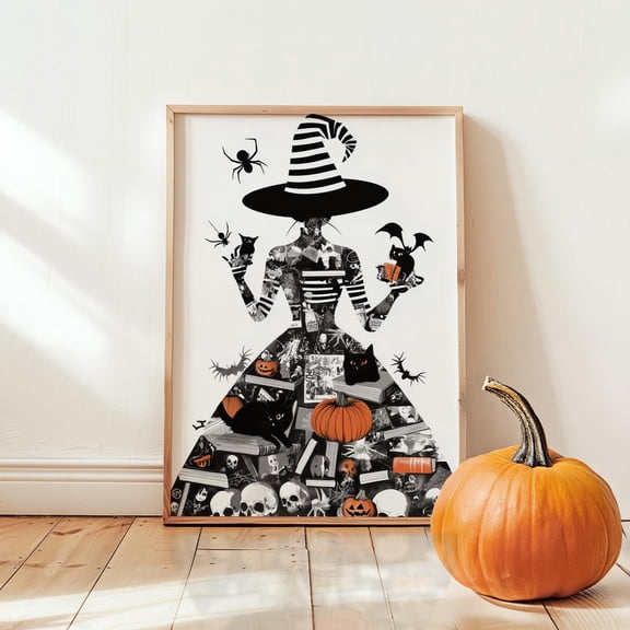 Haunted Witch Collage Print, Black Cat Art, Spooky Pumpkin Decor, Striped Hat Witch With Skulls, Gothic Wall Art, Modern Wall Decor, 8x12 UNFRAMED