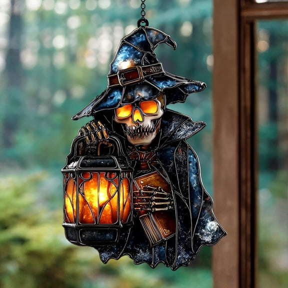 Haunted Witch Skeleton Wavy Acrylic Window Hanging, Wizard Skeleton Faux Wavy Acrylic Suncatcher, Gothic Halloween Home Gift