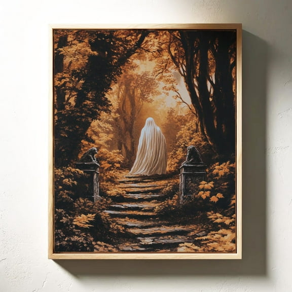 Haunting Ghost In Golden Autumn Forest Wall Art - Mystical Woodland Scene For Fall-Themed Cozy And Enchanting Home Decor Wall Art, Modern Wall Decor, 8x12 UNFRAMED