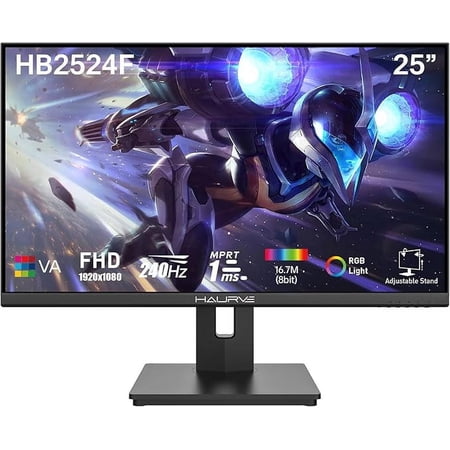 Haurve New 24.5" FHD 240Hz Gaming Monitor - Ultra-Smooth Display, HAS, HDMI x2 + DP, RGB Lighting, Built-in Speakers, 1ms, Height Adjustable (HB252F)
