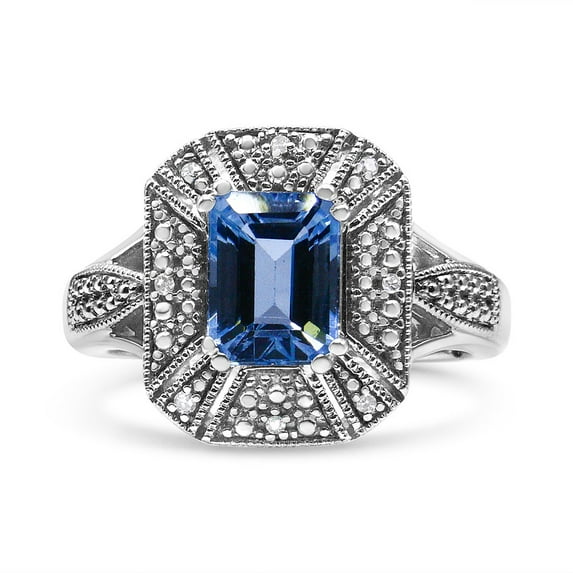 Haus of Brilliance .925 Sterling Silver Womens Prongs Round cut Diamond Accent and 8X6 mm Emerald-Shape Blue Topaz Ring (I-J Color, I2-I3 Clarity) - Ring Size 7