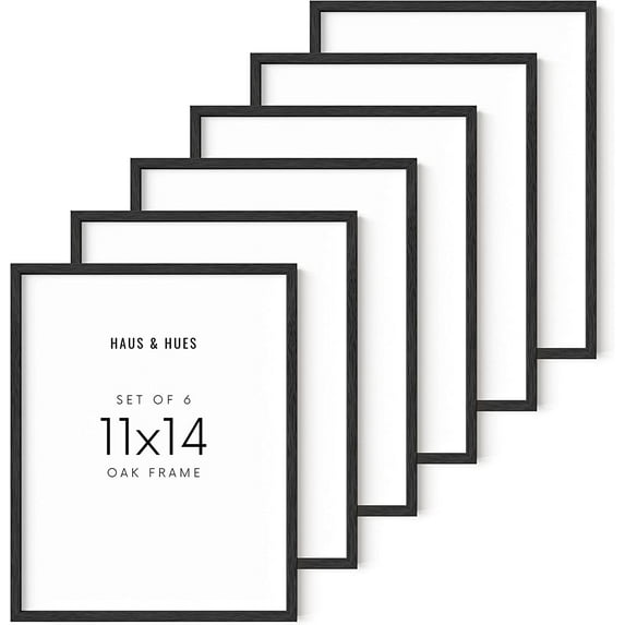 Haus and Hues 11"x14" Black Oak Wood Frames Set of 6 - 11x14 Picture Frame Set of 6, 11x14 Poster Frame, Art Work Picture Frame, 11x14 Poster Frame Black, Poster Sized Frame, Frame for Wall Art