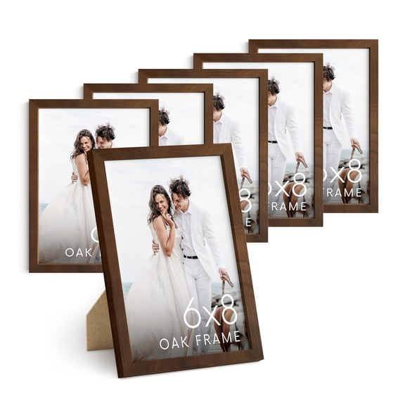 Haus and Hues 6x8 Walnut Oak Wooden Picture Frame - Set of 6 6x8 Poster Frame - Premium Oak, Vertical Hang, Shatterproof Plexiglass - Ideal for Home, Room, Office (6x8-inch, Walnut, Set of 6)