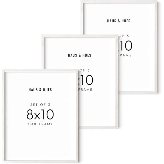 Haus and Hues 8x10 Picture Frame Set of 3- White Picture Frames 8x10, 8x10 Wood Picture Gallery Wall Frames, White Gallery Wall Frame Set, White Art Frames Wooden White 8x10 Frames (White Oak Frame)