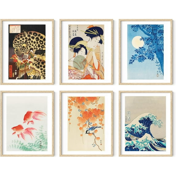Haus and Hues Asian Art Prints Japanese Art Wall Decor - Set of 6 Japanese Wall Art Japanese Posters Japanese Paintings, Hokusai Paintings Waves Poster Japanese Pictures for Wall (16x20, Framed Beige)