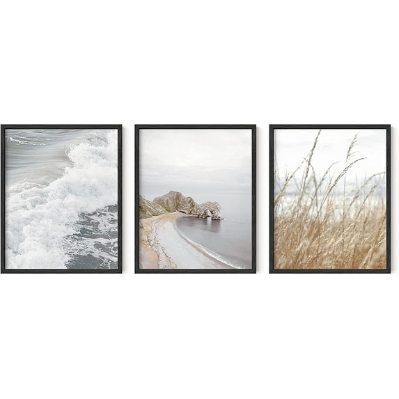 Haus and Hues Beach Framed Wall Art - Set of 3 Ocean Wall Decor, Coastal Decor Wall Art, Wave Framed Wall Art Beach Art Wall Decor, Beautiful Scenery Wall Art Bedroom Decor Ocean (16x20, Black Framed)