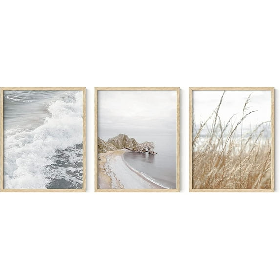 Haus and Hues Beach Framed Wall Art - Set of 3 Ocean Wall Decor, Coastal Decor Wall Art, Wave Framed Wall Art Beach Art Wall Decor, Beautiful Scenery Wall Art Bedroom Decor Ocean (16x20, Beige Framed)