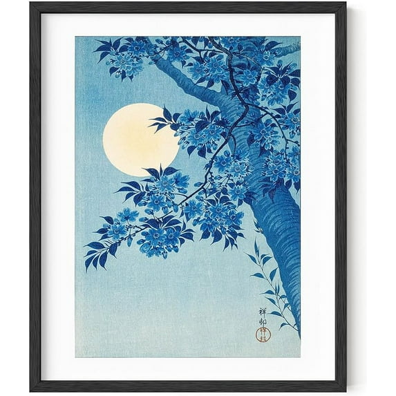 Haus and Hues Blue Posters - Japanese Japandi Traditional Blue Flower Framed Print, Japanese Art Wall Decor Blue and White Wall Art, Aesthetic Posters for Room Asian Wall Art (16x20 Framed Black)