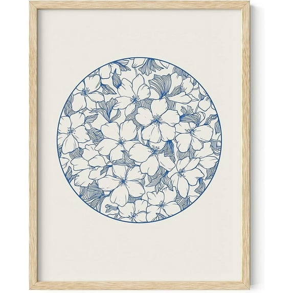 Haus and Hues Blue Wall Art - Japanese Floral Traditional Caligraphy Inspired Framed Flower Print, Blue Artwork Floral Wall Art Framed Art, Framed Wall Art Blue Flower Wall Art (12x16 Framed Beige)