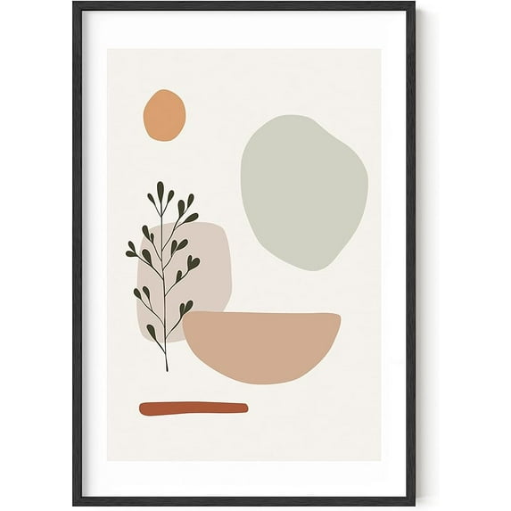 Haus and Hues Boho Prints Mid Century Wall Art - Modern Prints Wall Art & Minimalist Poster Neutral Wall Art Boho Art Prints Beige Neutral Colors Shapes and Small Branch (Framed Black, 24x36)