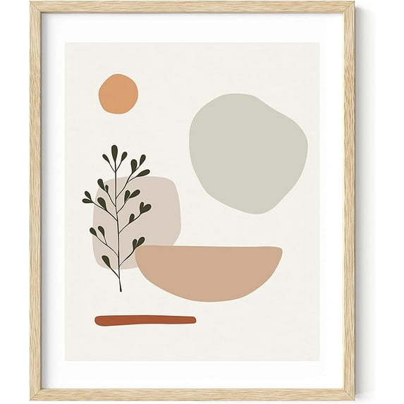 Haus and Hues Boho Prints Mid Century Wall Art - Modern Prints Wall Art & Minimalist Poster Neutral Wall Art Boho Art Prints Beige Neutral Colors Shapes and Small Branch (Framed Beige, 16x20)