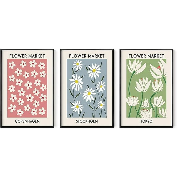Haus and Hues Flower Market Posters - Set of 3 Flower Prints Wall Art, Danish Pastel Posters, Pastel Flowers Wall Poster, Flower Posters and Prints (24x36, Unframed)