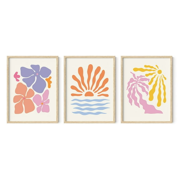Haus and Hues Flower Wall Decor - Set of 3 Framed Preppy Wall Art, Colorful Wall Art for Living Room, Flower Pictures Wall Decor, Abstract Wall Art Framed, Vintage Summer Posters (12x16, BEIGE FRAMED)