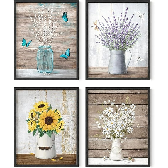 Haus and Hues Flower Wall Decor - Set of 4 Floral Wall Art, Floral Wall Decor, Flower Wall Art, Framed Flower Painting, Floral Pictures Wall Decor, Flower Pictures Wall Decor (Framed Black 16x20)