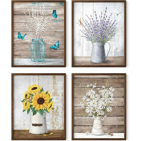 Haus and Hues Flower Wall Decor - Set of 4 Floral Wall Art, Floral Wall Decor, Flower Wall Art, Framed Flower Painting, Floral Pictures Wall Decor, Flower Pictures (Framed Walnut 16x20)