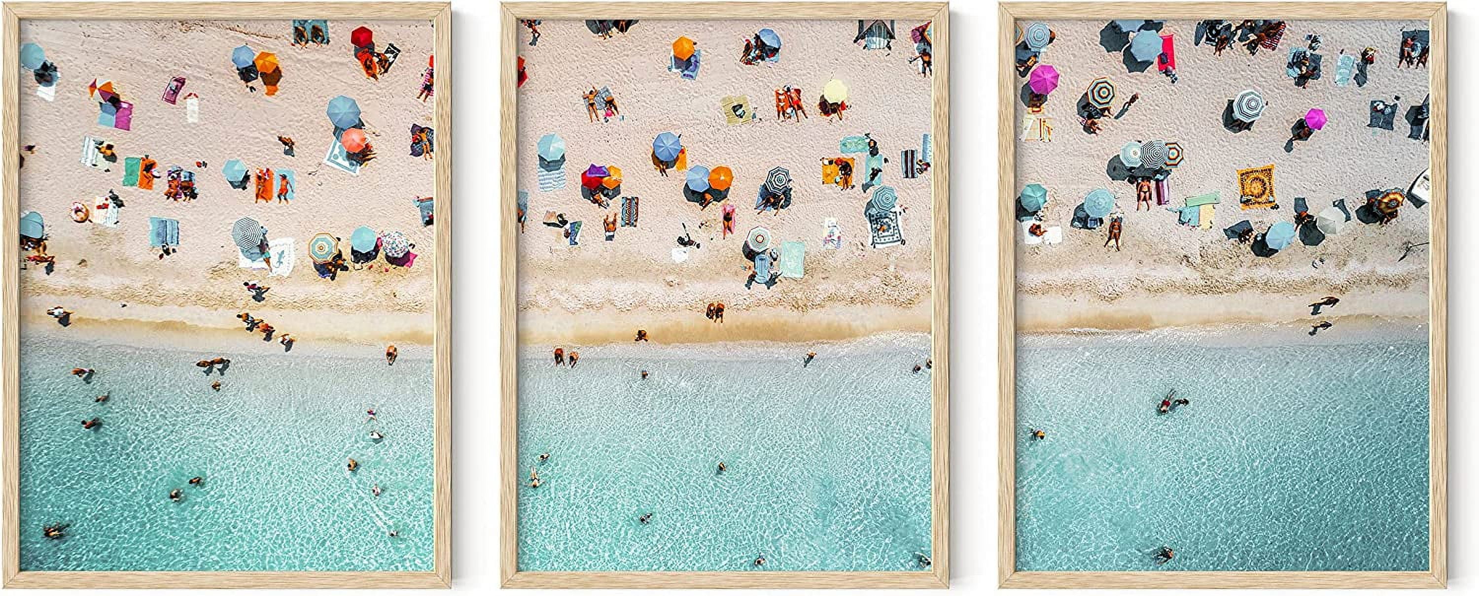 Beige Framed Coastal Beach Umbrella Landscape Prints Set