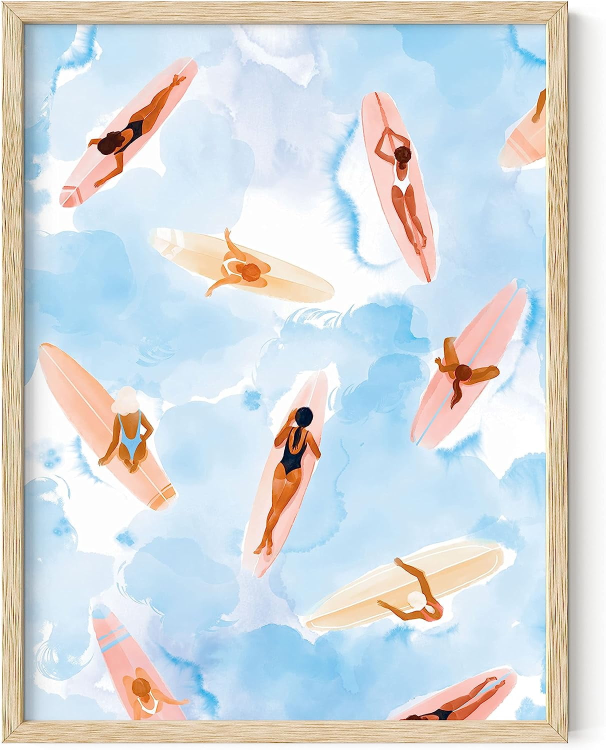 Beige Framed Watercolor Surfboard Beach Scene Poster