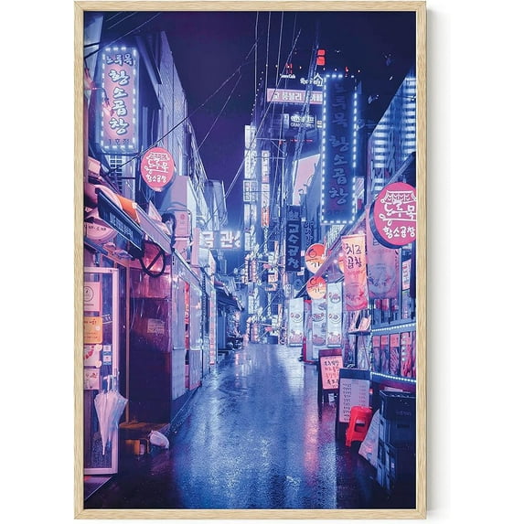 Haus and Hues Framed Wall Art Neon, Neon Wall Art, Neon Art, Neon Artwork, City Framed Wall Art, Seoul Poster, Seoul Korea Poster, Bedroom Decor for Teen Boys Neon Seoul Art Print (Framed Beige 24x36)