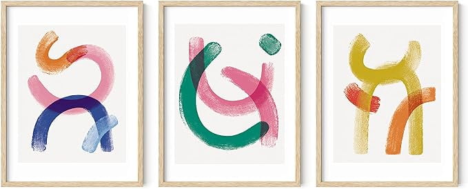 Bright Abstract Multicolor Canvas Wall Art Set with Oak Frames