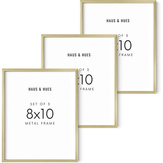 Haus and Hues Gold 8x10 Picture Frames - 8x10 Picture Frame Set of 3, Metal Picture Frames, Gold Gallery Wall Frame Set, Gold Photo Frames for Walls, Gold Frames 8x10 Prints (Gold Aluminum Frames)