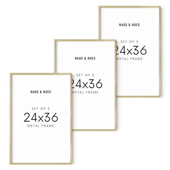 Haus and Hues Gold Frames 24x36 Set of 3 - Large Picture Frames 24x36, Poster Frames 24 x 36 Inches, 24 by 36 Poster Frames, Gold Picture Frame Set, 24x36 Frame for Art Display (Gold Aluminum Frames)