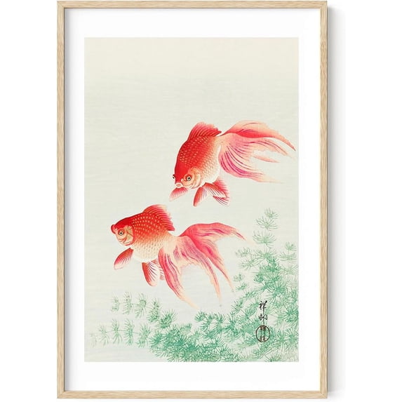Haus and Hues Japanese Wall Art - Japanese Goldfish Artwork Framed Print, Asian Wall Art Posters for Room Aesthetic Japandi Wall Art, Modern Japanese Art Wall Decor Two Veil (Beige Framed 24x36)