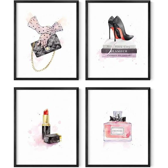 Haus and Hues Makeup Wall Decor for Makeup Room - Set of 4 Makeup Pictures Wall Decor, Lipstick Picture Wall Decor Designer Wall Art, Makeup Pictures Wall Decor Vogue Wall Art (Unframed 16x20)