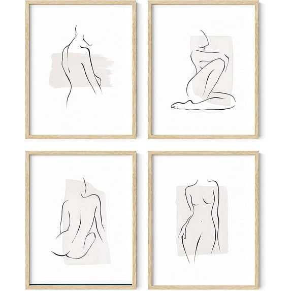Haus and Hues Minimalist Wall Art Set of 4 - Minimalist Wall Decor, Neutral Wall Art, Line Art Wall Decor, Art Prints Minimalist, Beige Wall Art, Female Figure Wall Art (Framed Beige, 11x14)