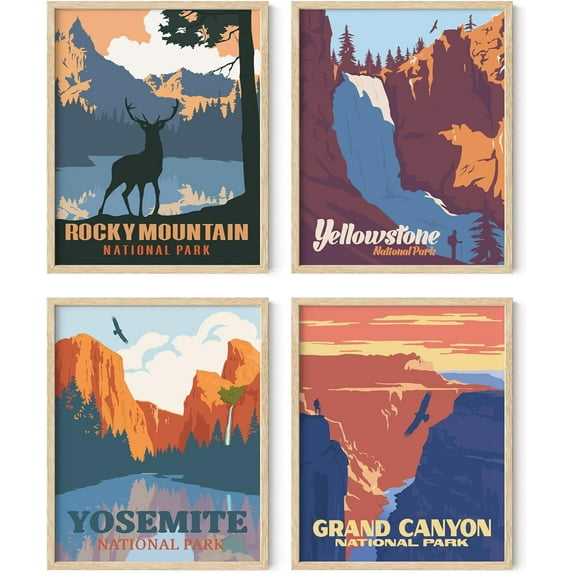 Haus and Hues National Park Framed - Vintage National Park Posters Set of 4, Grand Canyon Art Framed, National Parks Gifts, Yosemite Wall Art, Mountain Posters for Walls (16x20, Framed Beige)