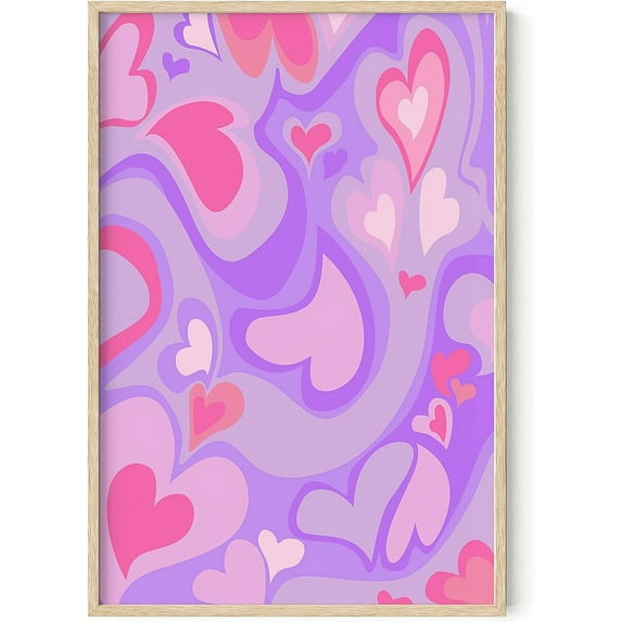 Haus and Hues Pink Poster Cute Wall Decor - Purple Aesthetic Room Decor, Indie Posters for Teens, Y2k Posters for Teen Girls Room, Aesthetic Pink Wall Decor Pink and Purple Hearts (Framed Beige 24x36)