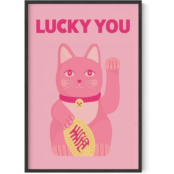 Haus and Hues Pink Wall Art - Lucky You Pink Anime and Japenese Cat Posters for Wall, Cat Wall Art Pink Posters for Room Aesthetics, Pink Art and Cat Art Wall Decor Lucky You Poster (Unframed 24x36)