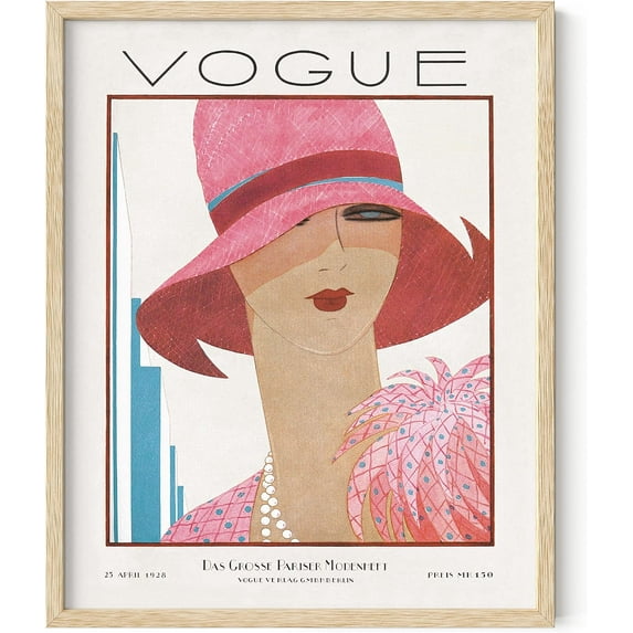 Haus and Hues Pink Wall Art - Vintage Vogue Framed Wall Art for Bedroom, Pink Pictures Wall Decor Vintage Art Prints, Glam Room Decor Fashion Wall Art, Pink Wall Decor for Bedroom (Beige Framed 16x20)