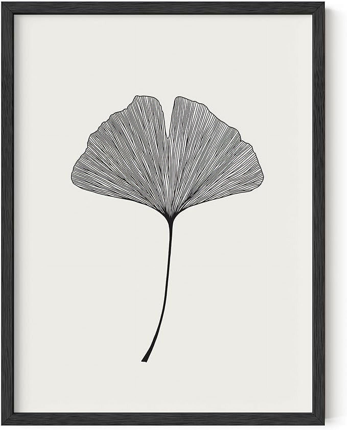 Ginkgo Leaf Black and White Botanical Print in Oak Frame