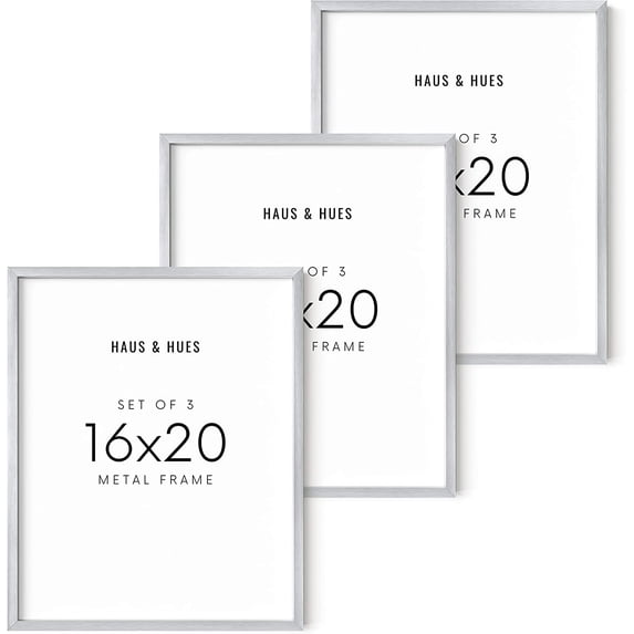 Haus and Hues Silver Metal Picture Frames 16x20 - 3 Picture Frame 16x20, Silver Frames 16x20 for Prints, 16x20 Picture Frames for Wall, 16x20 Poster Frame, Art 16 x 20 Frames (Silver Aluminum Frames)