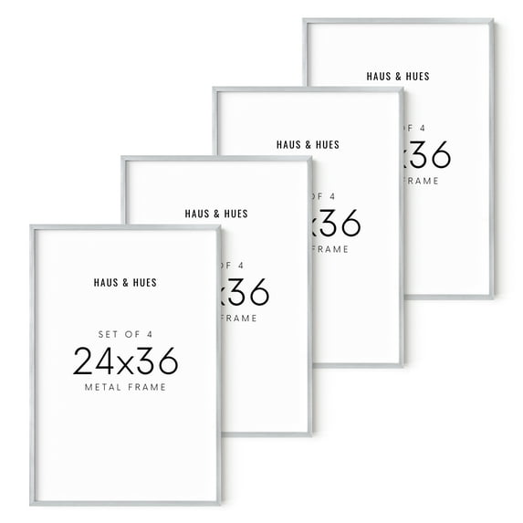 Haus and Hues Silver Poster Frame 24x36 - Set of 4 Large Picture Frames 24x36, Photo Gallery Wall Frame Set, Picture Frames for Wall Set, 24 Inch By 36 Inch Poster Frame (Silver Aluminum Frames)